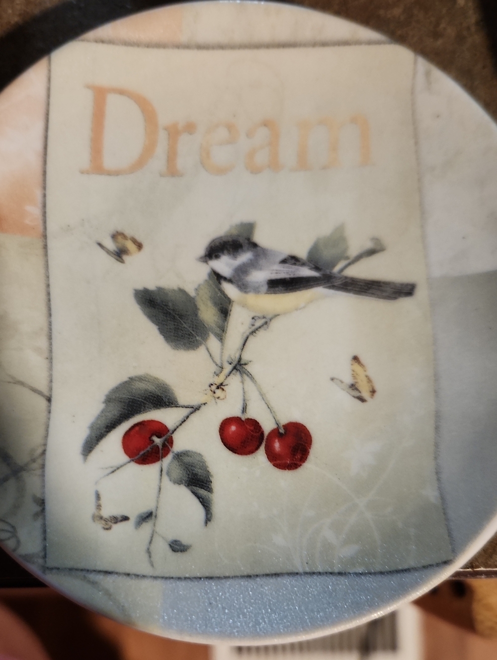 Dream Bird and Cherries Decorative Trinket Dish - Blue, Red, Green